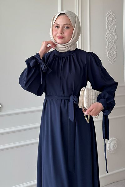 InStyle Navy Blue Dress with Belted Sleeves