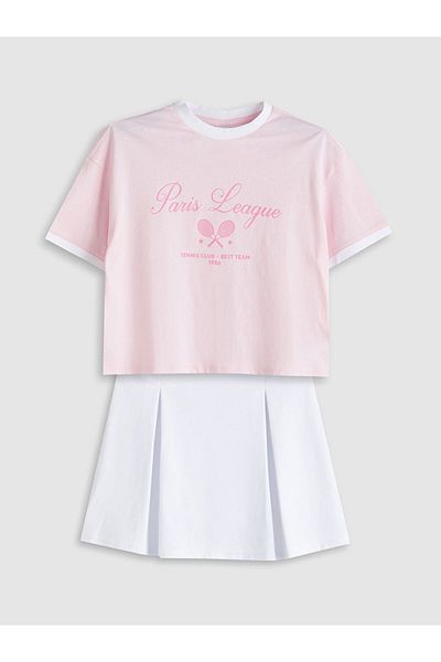 LC Waikiki Pink Crew Neck Girls T-Shirt and Shorts Skirt