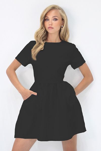 VAGGON Short Sleeve Woven Dress with Pocket Detail and Zipper Back
