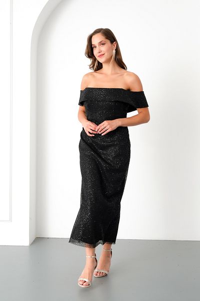 Lafaba Women's Black Madonna Collar Midi Evening Dress
