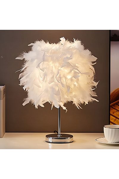 COOYA Portable Modern Style Antique Designed Decorative Table Lamp With Feather Lampshade White/Gold