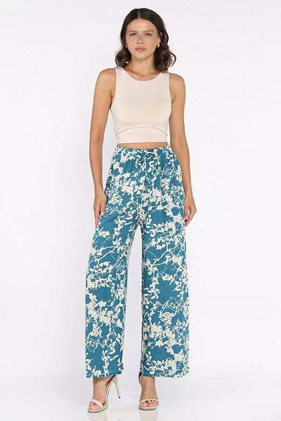GÜLSELİ Petrol Waist Elastic Wide Leg Women's Viscose Walking Trousers