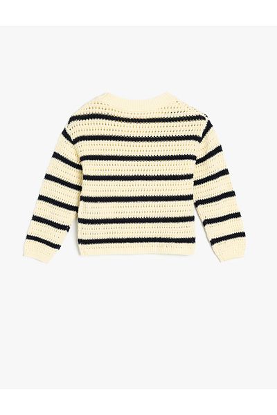 Koton Cotton Crew Neck Long Sleeve Openwork Crop Knitwear Sweater