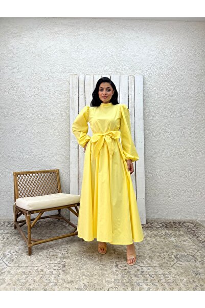 KÜÇÜĞÜM BUTİK Tesettür Sarı Büyük Fiyonklu Poplin Kloş Elbise