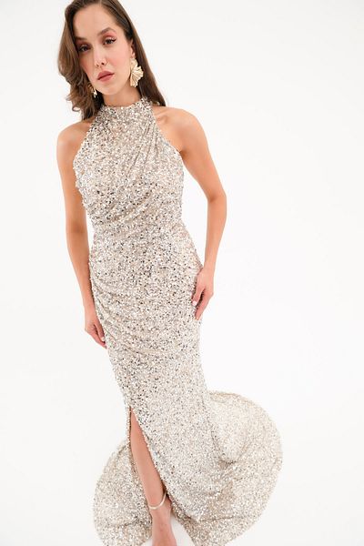 Lafaba Women's Silver Sequin Embroidered Fish Evening Dress