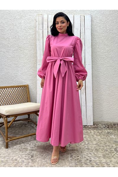 KÜÇÜĞÜM BUTİK Rochie evazată din poplin cu fundă mare roz hijab