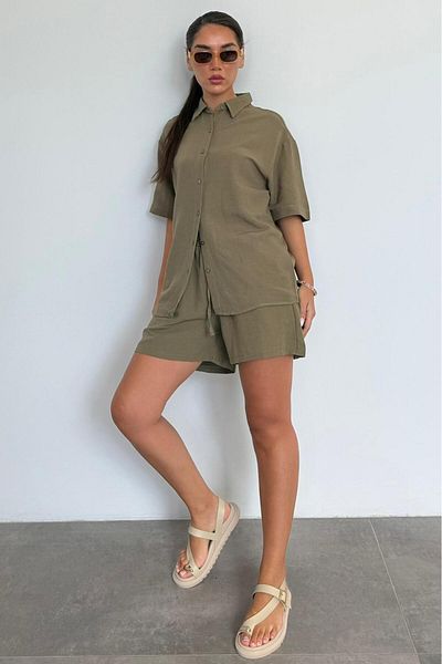 Madmext Khaki Basic Women's Shorts Shirt Suit Mg2361
