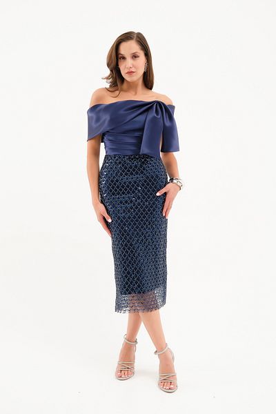 Lafaba Women's Navy Blue Boat Neck Sequin Embroidered Promise Engagement Wedding Evening Dress