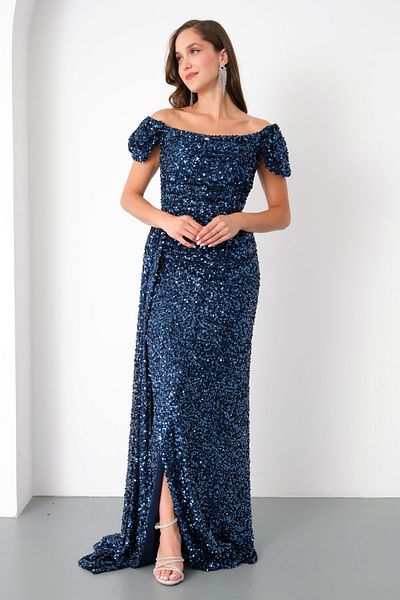Lafaba Women's Navy Blue Sequin Embroidered Long Evening Dress