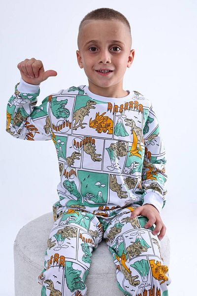 Pajama Shop Boys' 100% Cotton White Green Dinosaur Print Long Sleeve Winter Pajamas Set