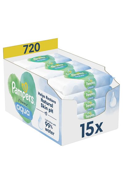 Pampers Harmonie Aqua Wet Wipes, 0% Plastic, 15 Packs x 48, 720 Pieces