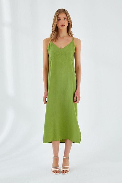 Mixray 4252 Rochie de damă cu bretele și decolteu în V, verde fistic
