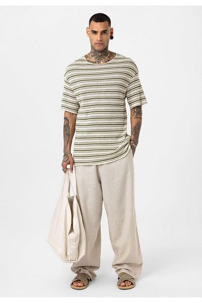 VAMOSCLO Striped Oversize Knitwear T-Shirt Khaki