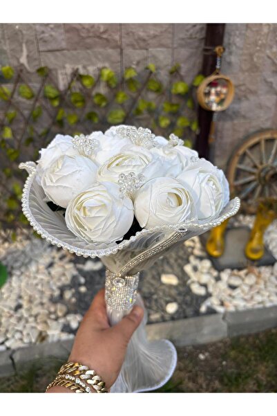 GÜRLEK TEKSTİL Şakayık Gelin Çiçeği Kristal Taşlı Gelin el Buket damat yaka Ç...