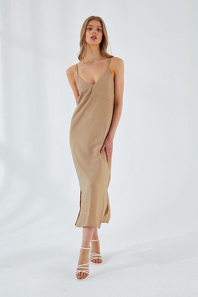 Mixray 4252 Women's Rope Strap V-Neck Dress Mink