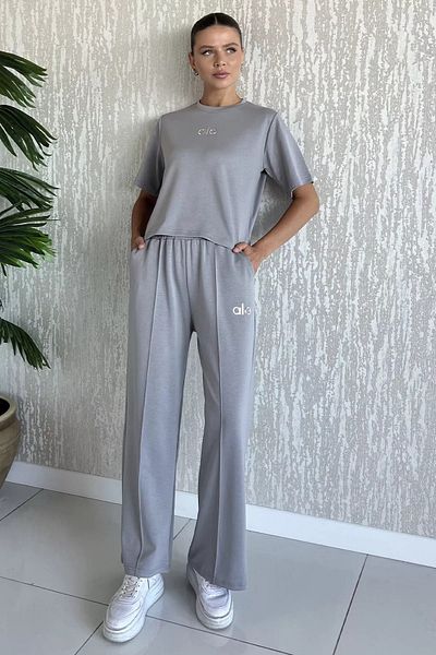 GÜLSELİ Gray Women's Grass Palazzo Trousers T-Shirt Double Set