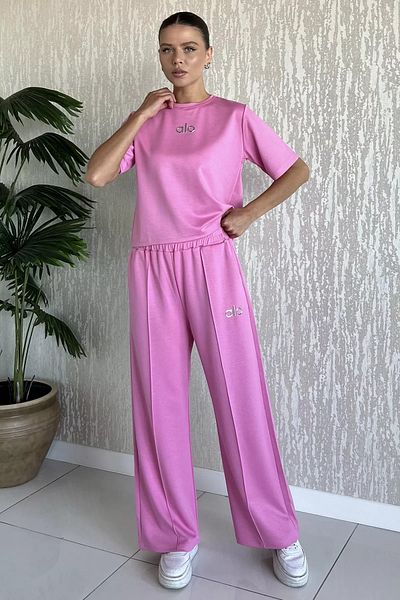 GÜLSELİ Pink Women's Grass Palazzo Trousers T-Shirt Double Set
