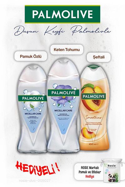 Palmolive 3 Pcs Shower Flaxseed and Cotton Essence 500 Ml, Peach 450 Ml, Rosie Gift