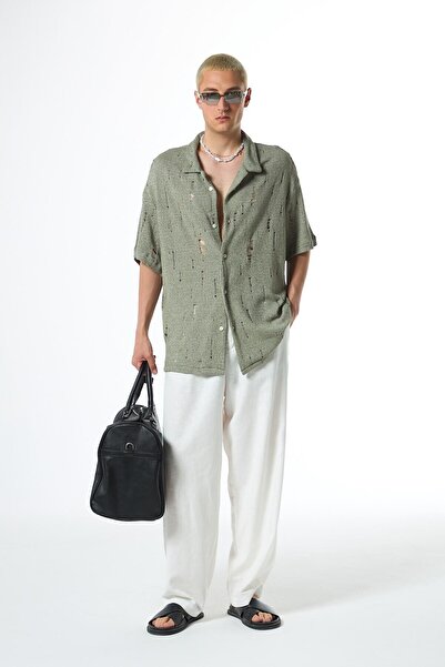 VAMOSCLO Πλεκτό πουκάμισο με oversized τρύπες Χακί