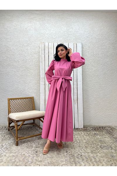 KÜÇÜĞÜM BUTİK Rochie evazată din poplin cu fundă mare roz hijab
