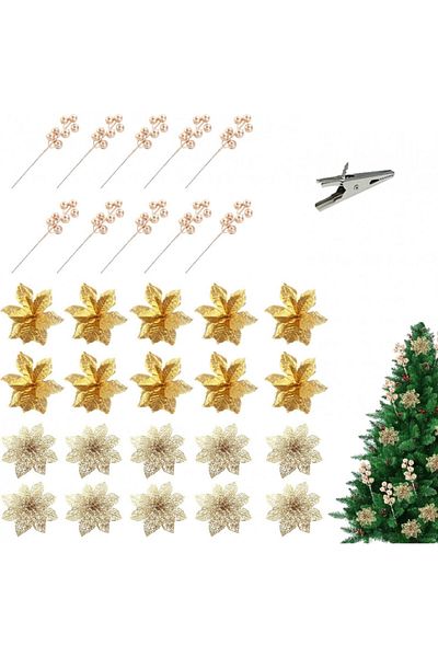 Awonlate Set of 30 artificial flowers for the Awonlate Christmas tree, plastic, gold, 13/14/18 cm