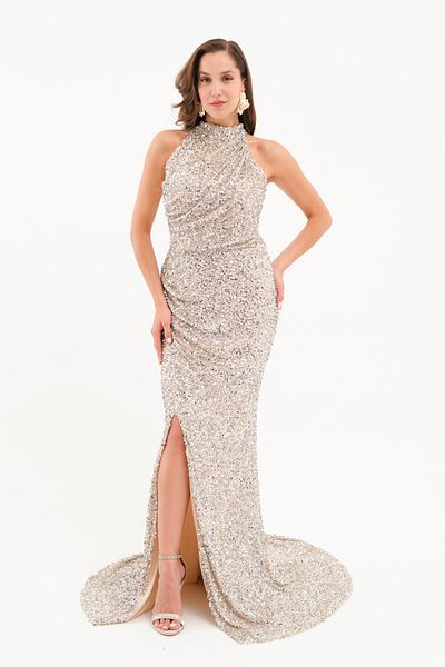 Lafaba Women's Silver Sequin Embroidered Fish Evening Dress