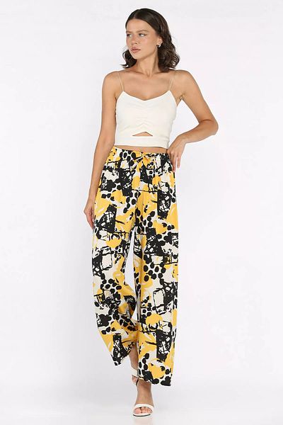 GÜLSELİ Yellow Women's Patterned Viscose Walking Pants