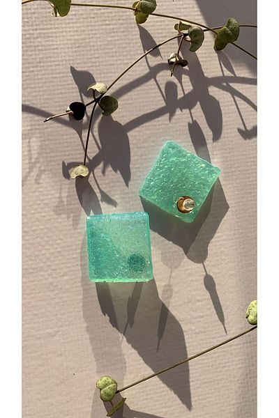MISS GOLDEN Serrated Water Green Color Square Shape Mega Size Gold Accessory Epoxy Earrings Handmade Gift