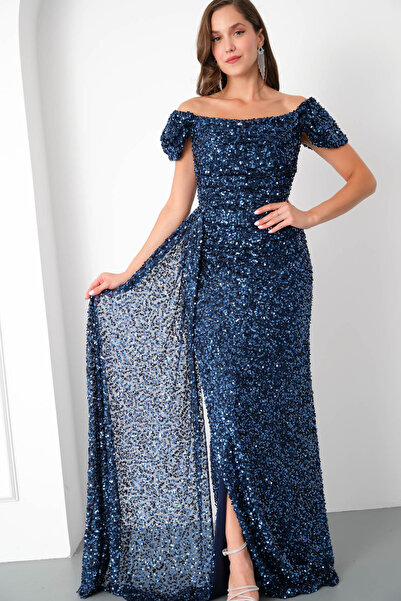 Lafaba Kadın Lacivert Pul Payet İşlemeli Uzun Abiye Elbise