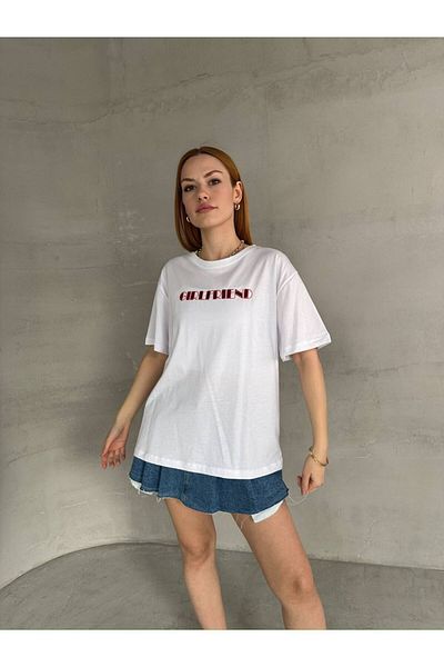 Cappmoda T-900 White Girlfriend Text Embroidered Crew Neck Half Sleeve T-Shirt