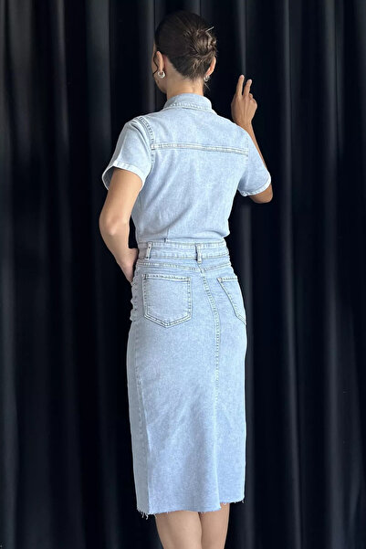 Zehra Gül Buzmavisi Kadın Polo Yaka Ön Çıtçıtlı Yırtmaç Detaylı Jean Kot Elbise