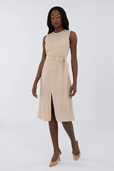 IDYL SIFIR KOL BELİ KUŞAK KEMER AKSESUARLI ETEK ÖNÜ YIRTMAÇLI MİDİ BOY ELBİSE