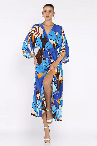 GÜLSELİ Sax Blue Rochie de damă cu decolteu dublu, talie elastică, cu fantă, din viscoză