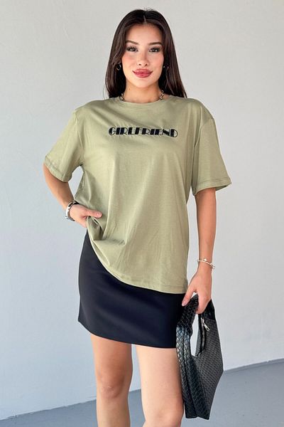 Cappmoda T-900 Khaki Girlfriend Text Embroidered Crew Neck Half Sleeve T-Shirt