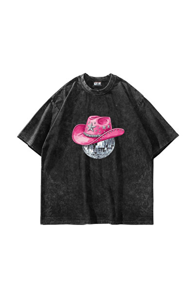 Bak Moda Cow Girl Printed Oversize Unisex Πλενόμενο μαύρο μπλουζάκι