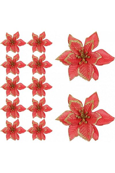 Awonlate Set of 12 Awonlate Christmas tree flowers, fabric, red/gold, 13 cm