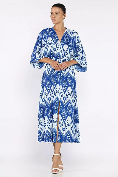 GÜLSELİ Sax Blue Rochie cu model pentru femei, cu guler dublu, talie elastică, mânecă liliac, cu model