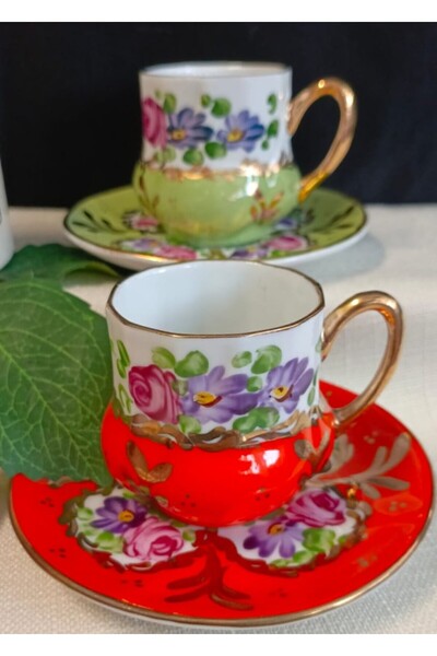 BY.RAYKA PORSELEN El Dekor Saray Porcelain Hand Painting Set of 2 Coffee Cups
