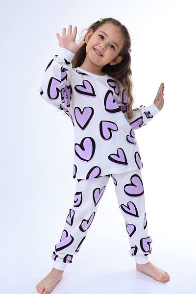Pajama Shop Girl's 100% Cotton White Color Purple Heart Patterned Long Sleeve Winter Pajama Set