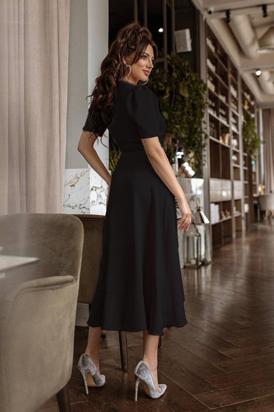 thezkscom Black Valon Belted Midi Short Sleeve Dress
