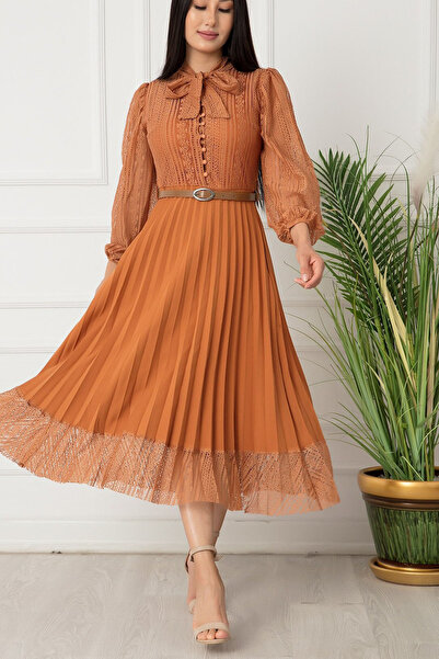 thezkscom Tan Halter Neck French Guipure Pleated Evening Dress