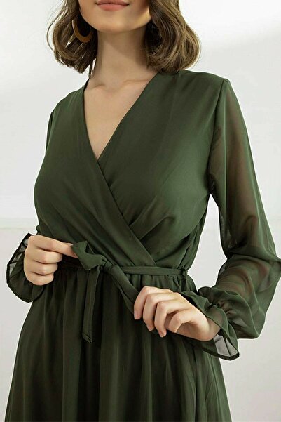 thezkscom Khaki Long Double Breasted Collar Chiffon Dress