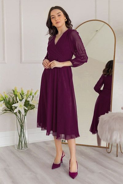 thezkscom Purple Lined Plus Size Double Breasted Collar Short Chiffon Midi Length Dress