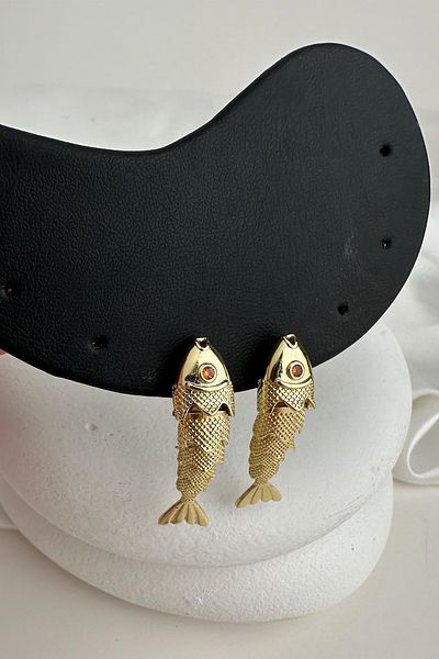 Modex Gold Color Red Eye Detail Metal Fish Dangle Earrings (4cm)