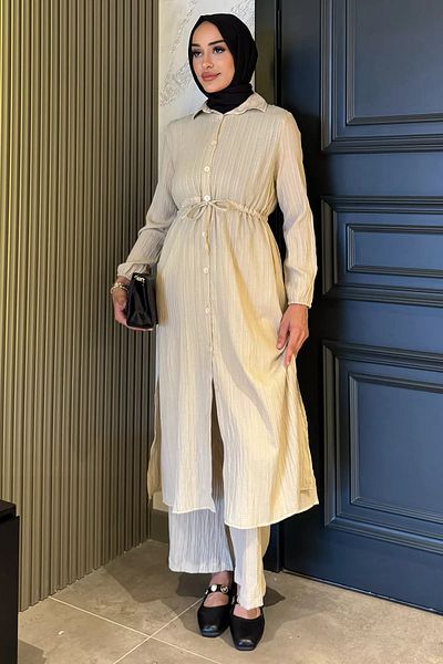 julude Stone Self Patterned Waist Tie Detailed Hijab Tunic Pants Double Set