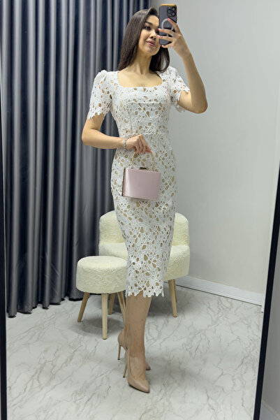 thezkscom Kadın Midi boy Güpür Detay Kısa Kollu Elbise Beyaz, Siyah