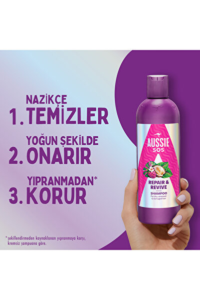 Aussie SOS Repair & Revive Kuru, Yıpranmış ve Hasar Görmüş Saçlar için Şampuan 500ml