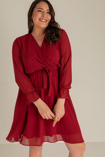 thezkscom Burgundy Lined Plus Size Short Chiffon Dress 105cm