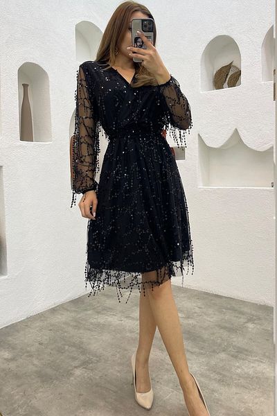 thezkscom Double Breasted Collar Sequin Plus Size Evening Dress