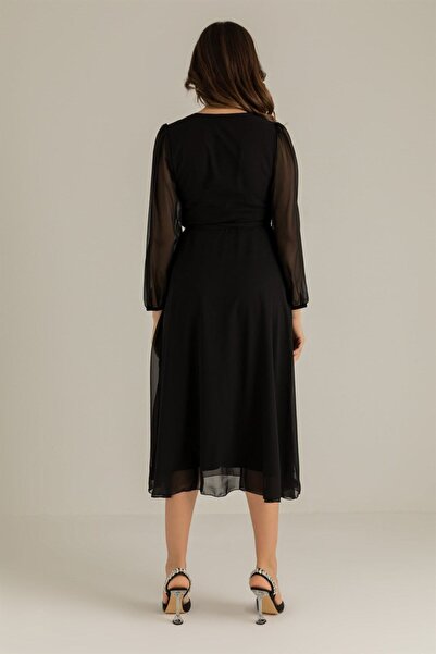 thezkscom Black Balloon Sleeve Double Breasted Midi Chiffon Dress